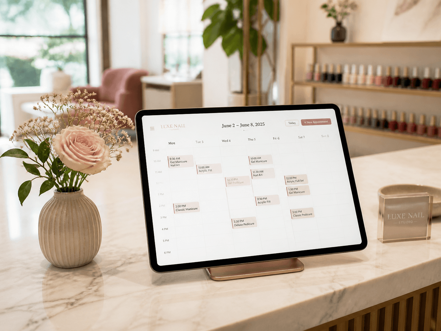 Tablet mit Studio-Kalender auf Marmortheke